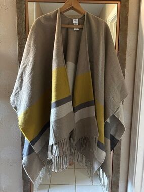 CAbi Taupe and Mustard Fringe Cape Wrap
